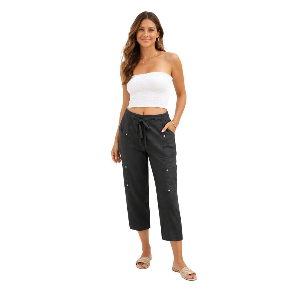 EILEEN FISHER Women's Linen Blend Drawstring Waist Cropped Pants Gray Size 8